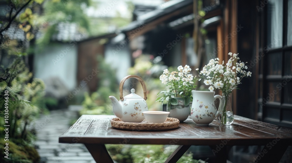 A serene tea setting with a teapot, cup, and flowers in a tranquil garden. A serene tea setting with a teapot, cup, and flowers in a tranquil garden.