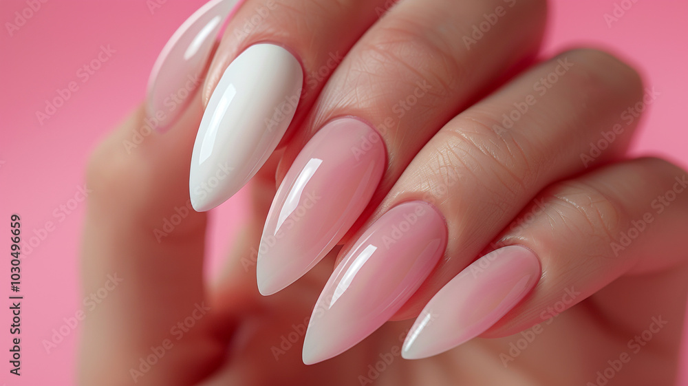Female fingers with a beautiful manicure on a pink background. white nails. copy space Female fingers with a beautiful manicure on a pink background. white nails. copy space
