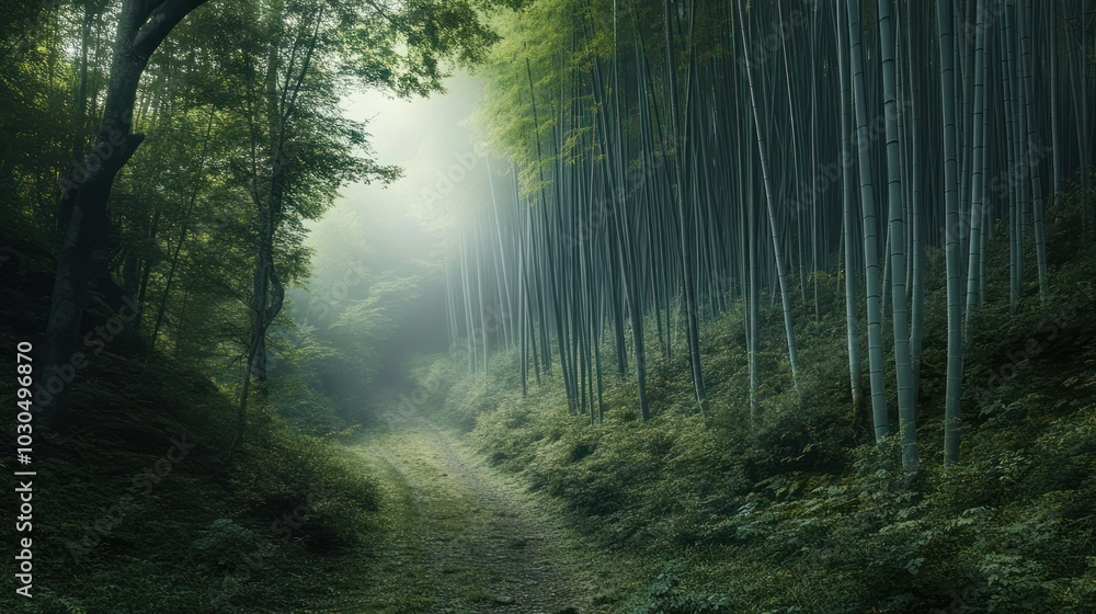 Obraz premium A serene bamboo forest path shrouded in mist, inviting exploration and tranquility.