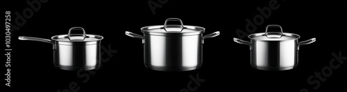 Stainless steel pots with handle and lid in different positions isolated on black background.