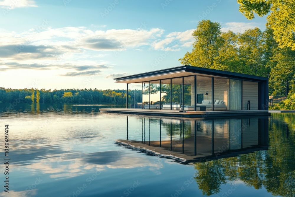 Fototapeta premium Luxurious, modern, floating home with large windows reflecting in the calm lake water at sunset
