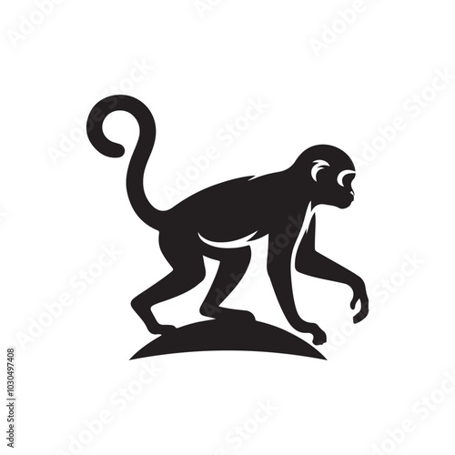 Black Monkey Silhouette. Simple Vector Drawing on White.