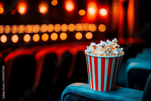 Close-up of popcorn in a striped bucket on a blurred cinema background with rows of red velvet armchairs, bokeh lights, and space for text.