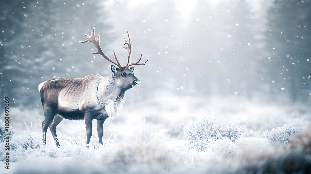 A majestic reindeer standing in a snowy landscape, surrounded by soft falling snowflakes. A majestic reindeer standing in a snowy landscape, surrounded by soft falling snowflakes.