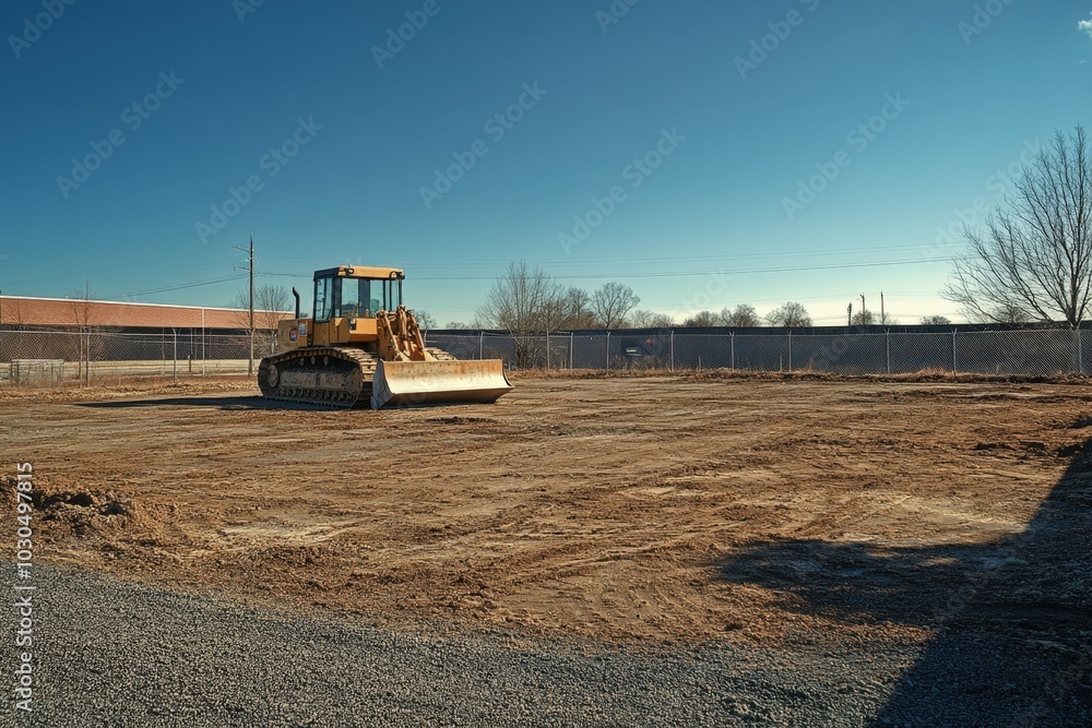 Yellow bulldozer sits idle in a large cleared lot on a construction site Yellow bulldozer sits idle in a large cleared lot on a construction site