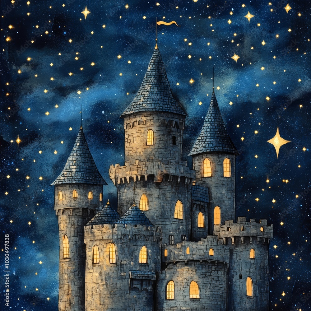 Obraz premium Whimsical Castle Under Starry Night Sky, Ideal for Fantasy and Adventure Concepts Generative AI
