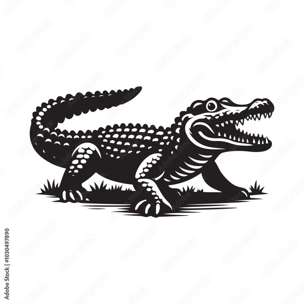 Black Crocodile Silhouette Illustration. Vector Drawing on White. Black Crocodile Silhouette Illustration. Vector Drawing on White.