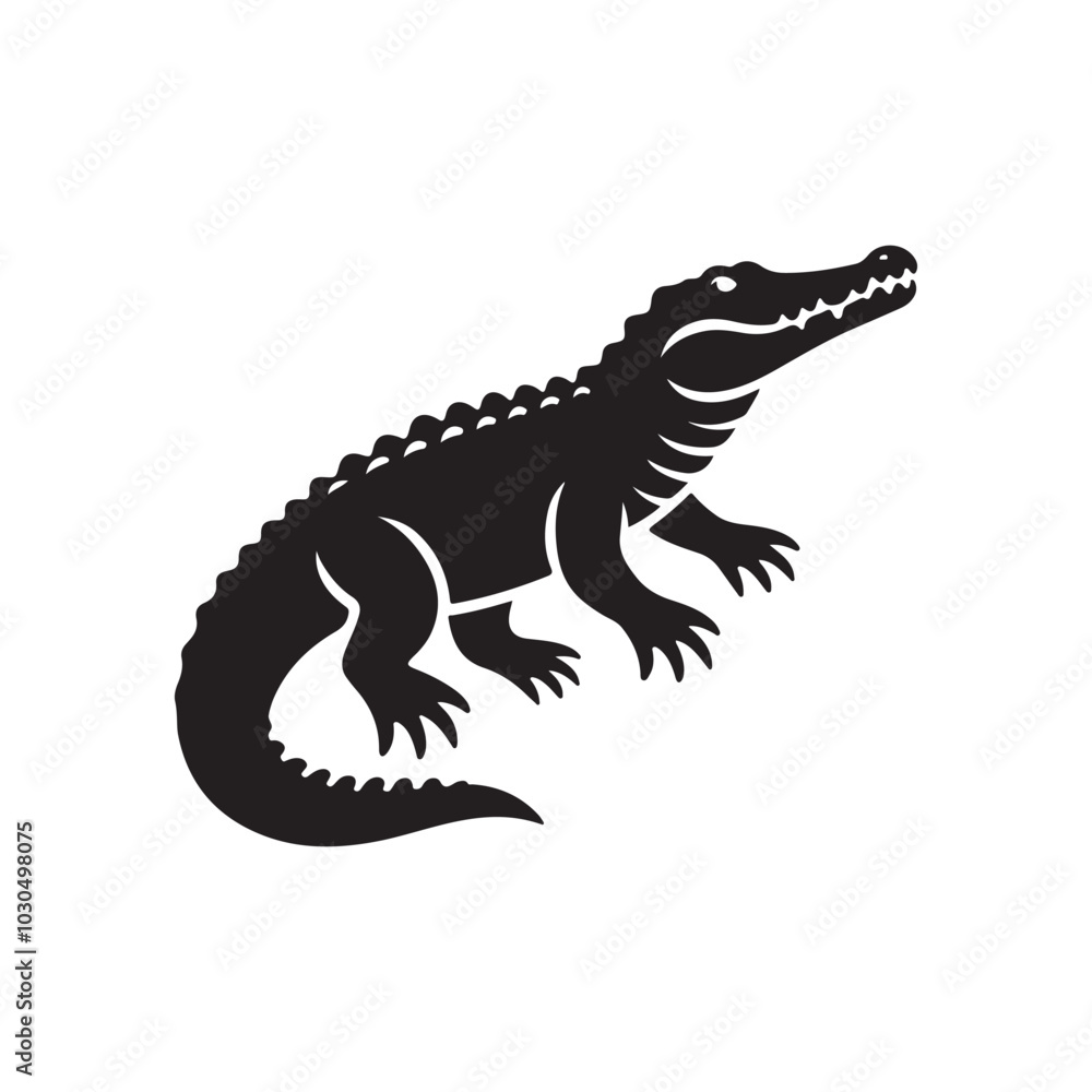 Alligator Silhouette Illustration. Black Vector on White Design.
