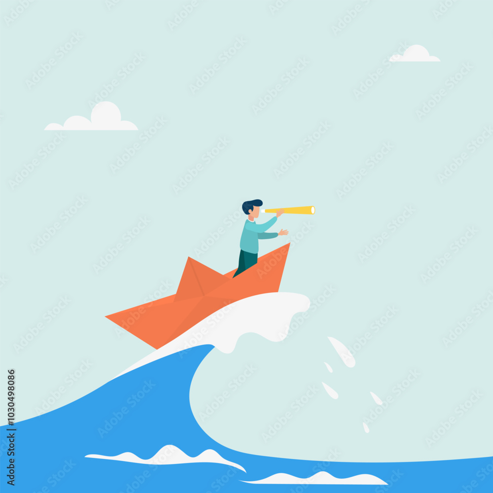 Character surfing the sea waves on a paper boat. Deal with crises with patience and foresight. Vector illustration. Character surfing the sea waves on a paper boat. Deal with crises with patience and foresight. Vector illustration.