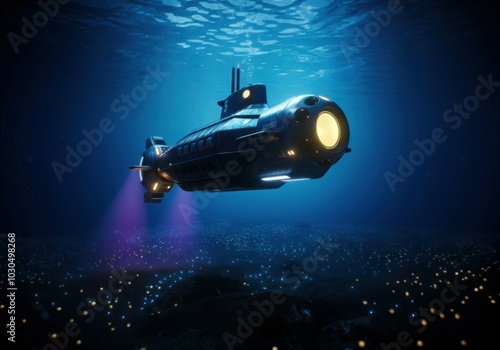 Submarine is using its powerful lights to explore the dark depths of the ocean