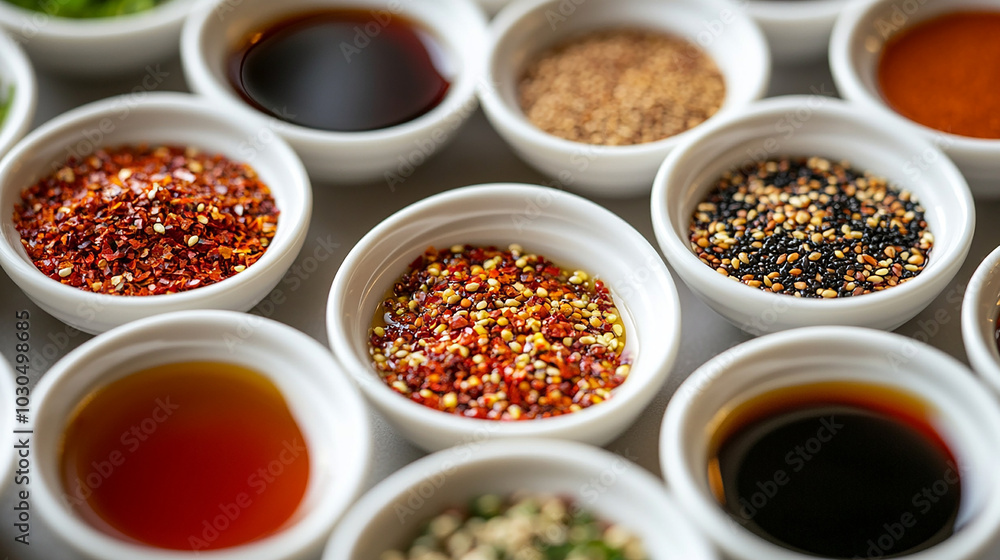 Close-up of small dishes filled with various seasonings Close-up of small dishes filled with various seasonings