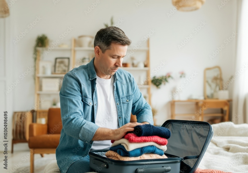 Man is carefully placing folded sweaters into a suitcase on his bed Man is carefully placing folded sweaters into a suitcase on his bed