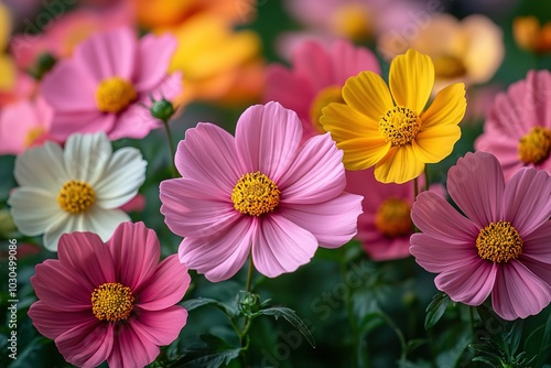 A bunch of flowers with pink, yellow and white petals