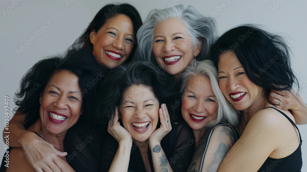 Joyful, diverse women hugging and smiling together in a portrait. Joyful, diverse women hugging and smiling together in a portrait.