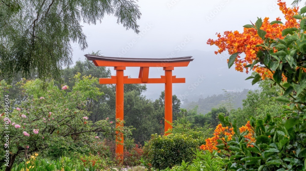 A serene garden scene featuring an orange torii gate amidst lush greenery and vibrant flowers. A serene garden scene featuring an orange torii gate amidst lush greenery and vibrant flowers.