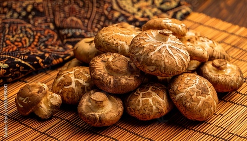 A pile of fresh, golden shiitake mushrooms displayed on a bamboo mat