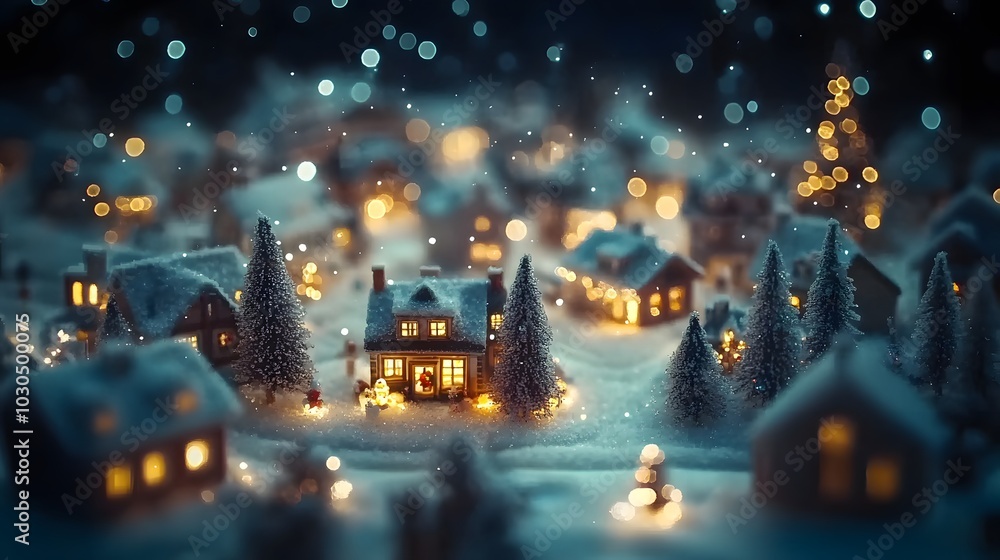 Fototapeta premium Enchanting miniature snowy village with warm glowing lights and festive decorations.