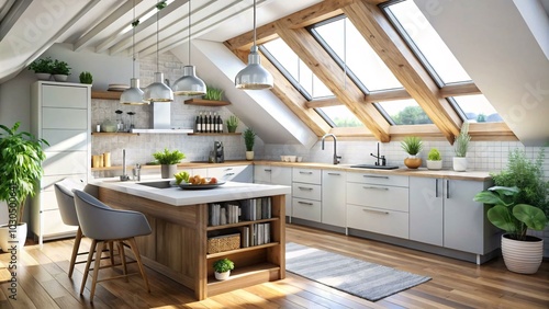 The image shows a modern kitchen with a wooden island, a white countertop, white cabinets, and a large window that lets in lots of natural light. The island has a built-in bookshelf and a few plants