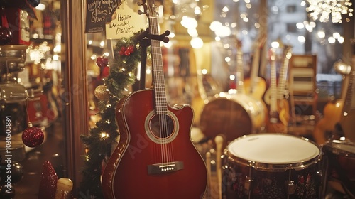 Acoustic guitar in a cozy music shop adorned with festive lights.