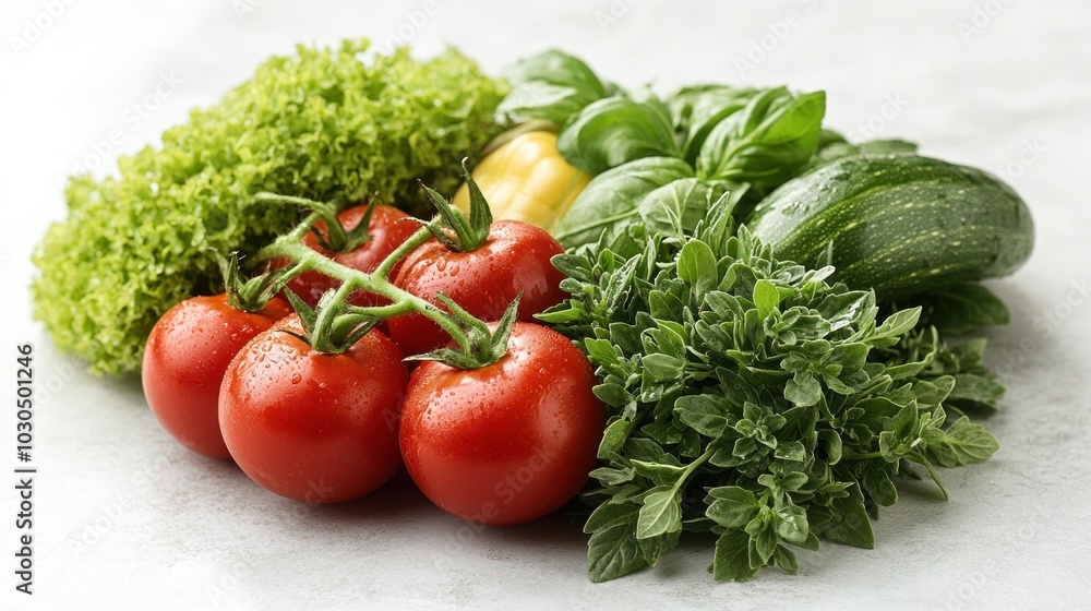 Fresh vegetables and herbs arranged for a healthy meal. Fresh vegetables and herbs arranged for a healthy meal.