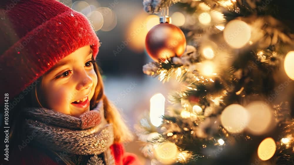 Child smiling near Christmas tree Child smiling near Christmas tree