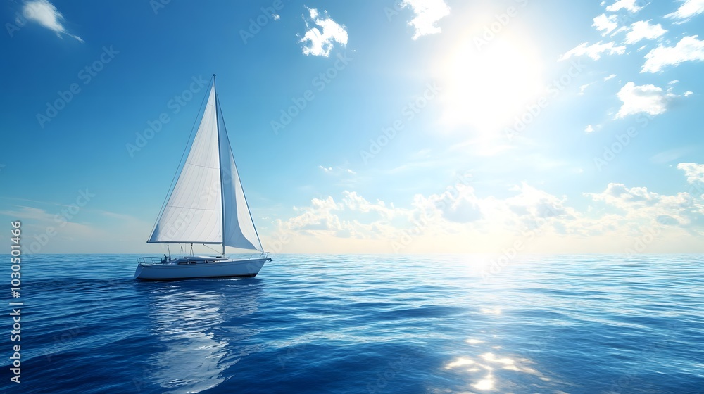 Fototapeta premium A sailboat is sailing in the ocean on a sunny day. The sky is clear and blue, and the water is calm. Concept of freedom and relaxation