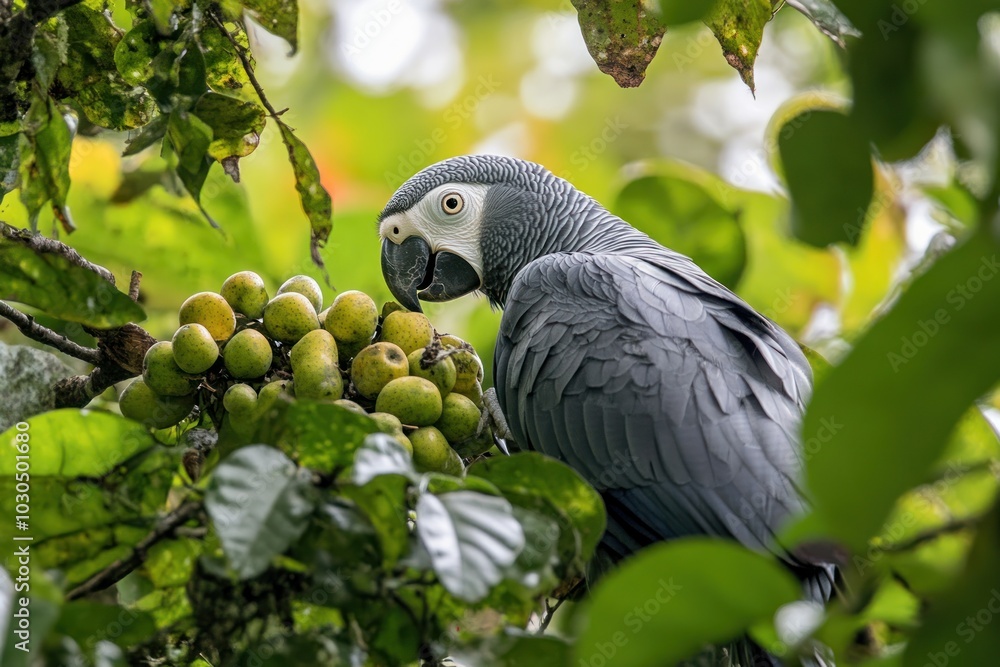 A gray parrot perched among green leaves and fruit in a lush environment. A gray parrot perched among green leaves and fruit in a lush environment.