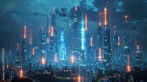 Futuristic city with glowing skyscrapers. 3D rendering