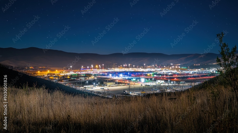 A night view of a vibrant industrial area illuminated by colorful lights against a mountainous backdrop. A night view of a vibrant industrial area illuminated by colorful lights against a mountainous backdrop.