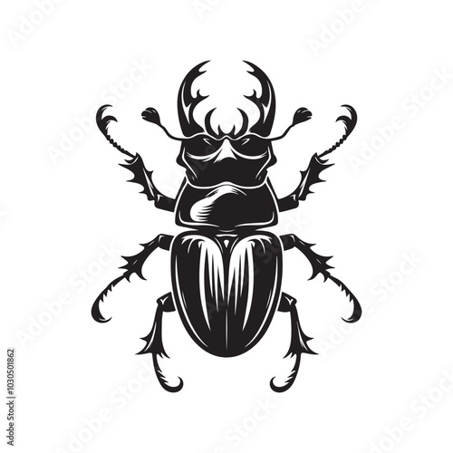 Black Vector Beetle Silhouette Icon Illustration on White.