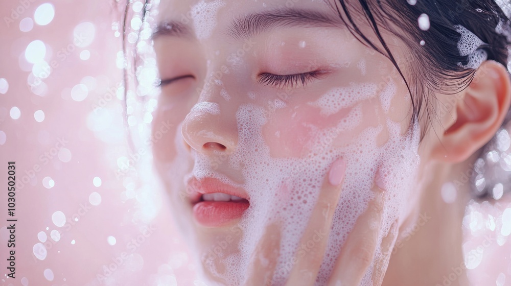A young woman with her eyes closed washes her face with foamy cleanser. A young woman with her eyes closed washes her face with foamy cleanser.