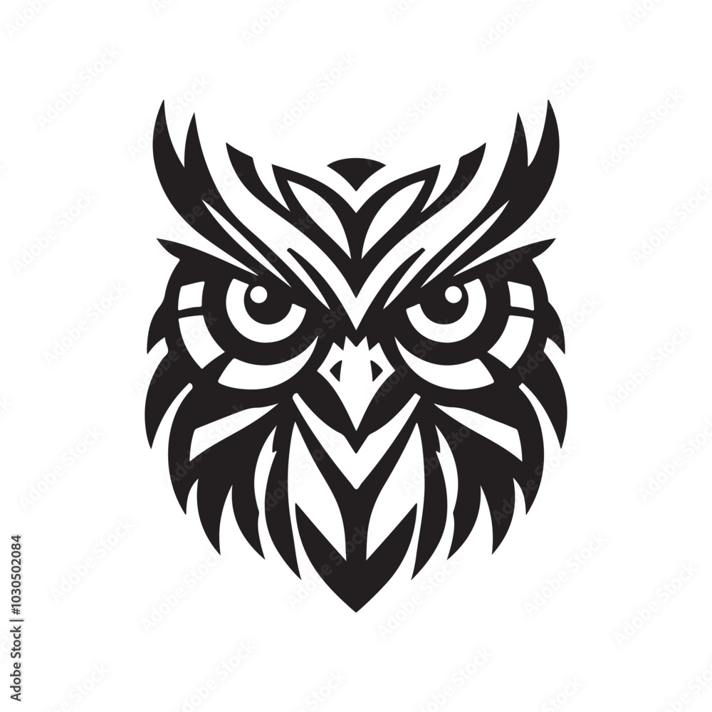 Vector Silhouette of Stylized Owl Head with Large Eyes. Black Design. Vector Silhouette of Stylized Owl Head with Large Eyes. Black Design.