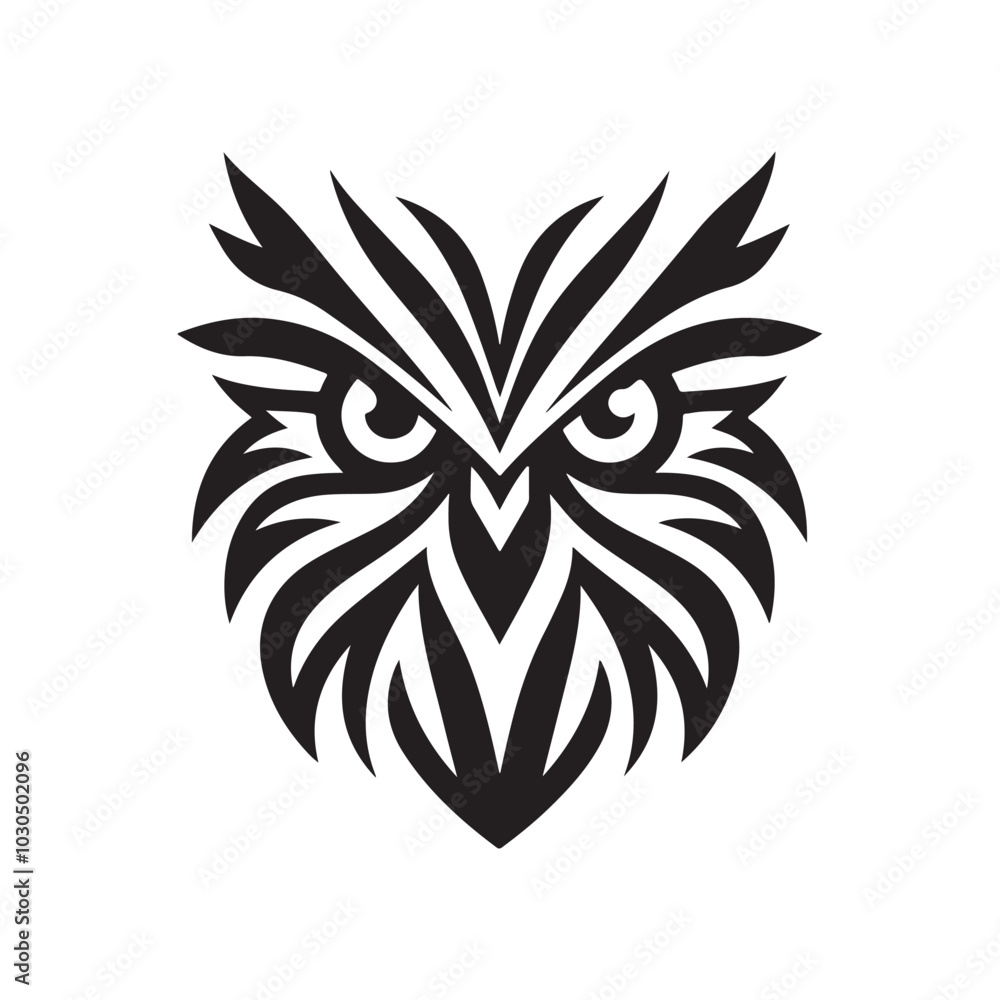 Vector Silhouette of Stylized Owl Head with Large Eyes. Black Design. Vector Silhouette of Stylized Owl Head with Large Eyes. Black Design.