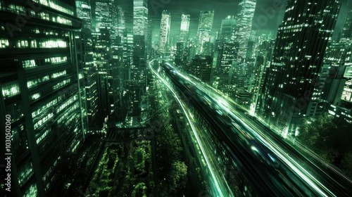 Futuristic cityscape with neon lights and elevated transport.