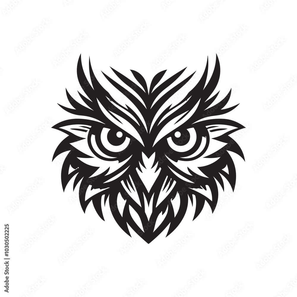 Vector Silhouette of Stylized Owl Head with Large Eyes. Black Design. Vector Silhouette of Stylized Owl Head with Large Eyes. Black Design.