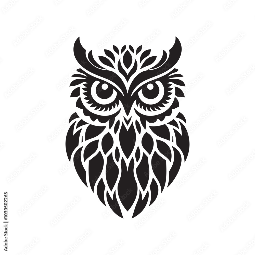 Vector Silhouette of Stylized Owl Head with Large Eyes. Black Design. Vector Silhouette of Stylized Owl Head with Large Eyes. Black Design.