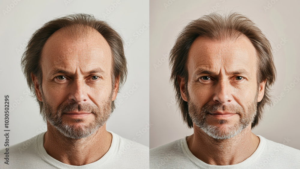 Fototapeta premium The man in the left photo has a bald head, while the man in the right photo has a full head of hair