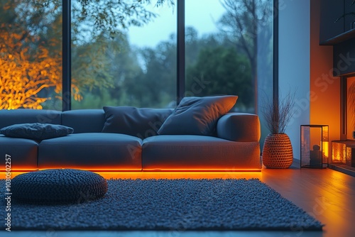 A living room with a couch, a rug, and a fireplace