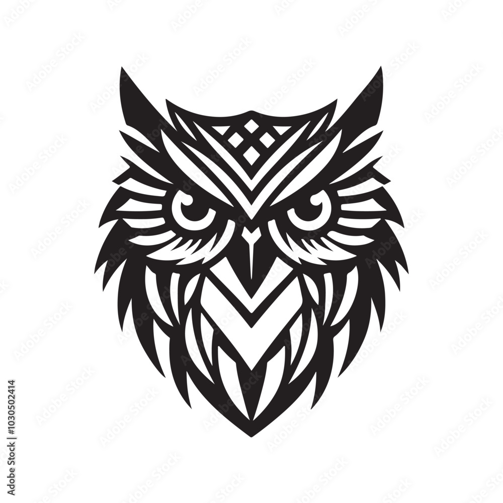 Black Vector Silhouette of Owl Head with Bold Large Eyes. Black Vector Silhouette of Owl Head with Bold Large Eyes.