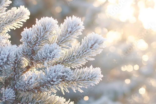 A close-up of frost-covered pine needles glistening in the early morning sunlight 