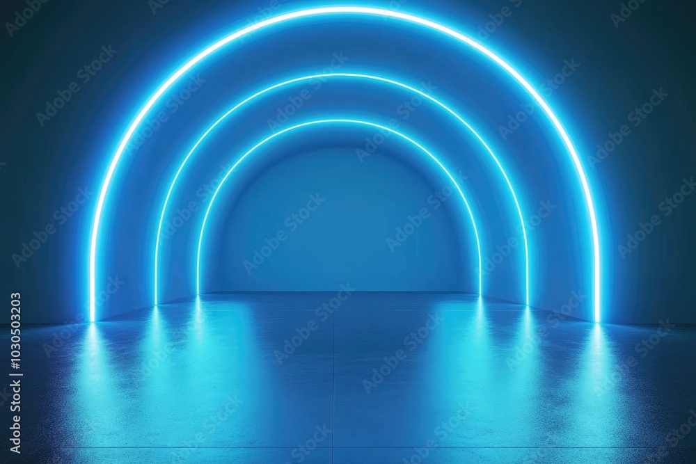 Product Presentation, Neon blue light arches, glowing LED arcs, futuristic tunnel, modern blue glow Product Presentation, Neon blue light arches, glowing LED arcs, futuristic tunnel, modern blue glow