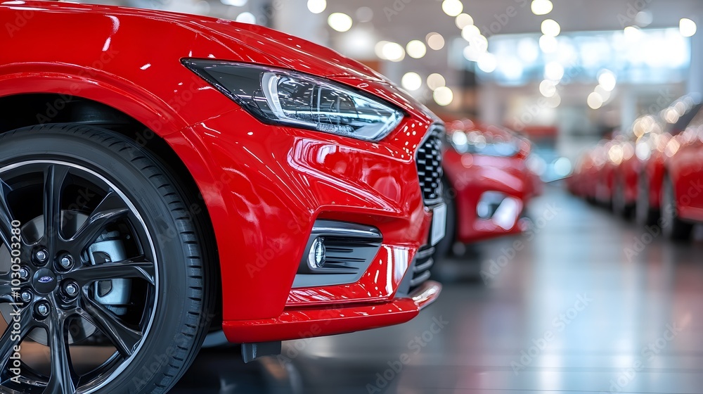 Close-up of a shiny red sports car in a modern showroom. Close-up of a shiny red sports car in a modern showroom.