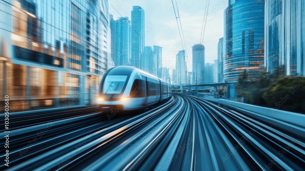 Dynamic Train in Motion Through Urban Landscape Dynamic Train in Motion Through Urban Landscape