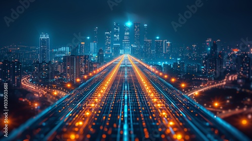 Futuristic City Road at Night from Back Perspective