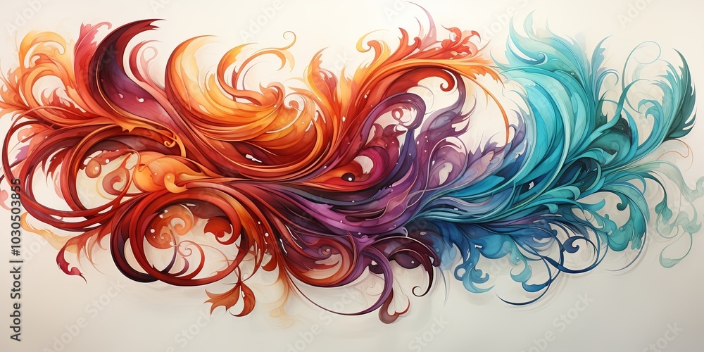 Fototapeta premium Abstract swirling floral patterns in vibrant hues of red, orange, purple, and blue, creating a dynamic visual symphony on a white canvas
