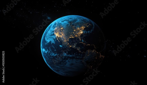 View from the Earth's surface, a blue glow on half of the planet with city lights.