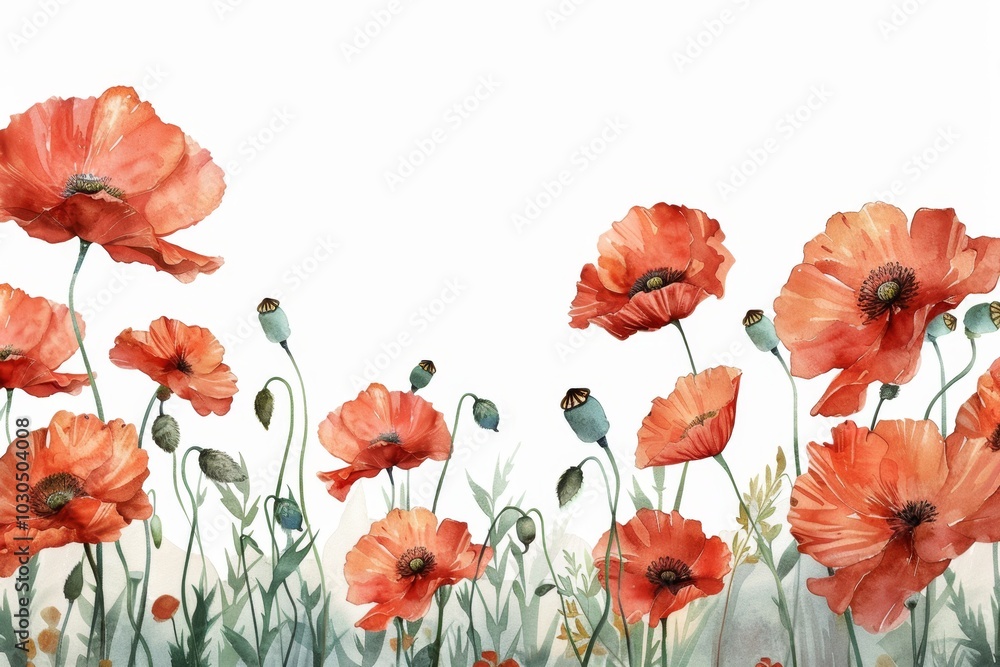 Fototapeta premium Watercolor poppy clipart in various color and angle. frame, copy space. ai generated