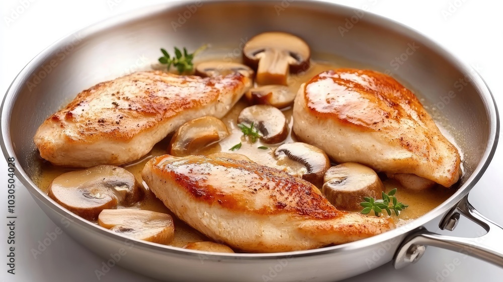 A tempting dish of perfectly seared chicken pieces smothered in a creamy yellow sauce, accompanied by sauteed mushrooms and fresh herbs, presented in a black frying pan. A tempting dish of perfectly seared chicken pieces smothered in a creamy yellow sauce, accompanied by sauteed mushrooms and fresh herbs, presented in a black frying pan.