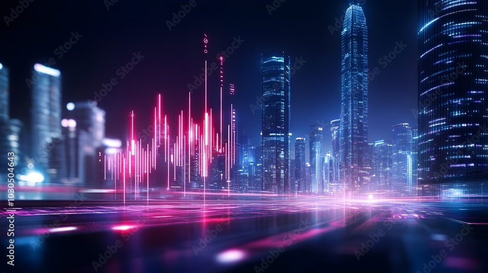 Obraz premium Ominous Crimson Data Streams in Futuristic Megalopolis Backdrop