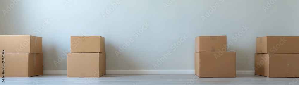 Cardboard boxes arranged in a minimalist space, ready for packing or moving, against a plain background. Cardboard boxes arranged in a minimalist space, ready for packing or moving, against a plain background.